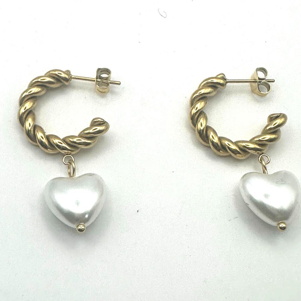 Classic Pearl Heart Shaped Earrings Retro Costume Jewelry Pierced Hoops